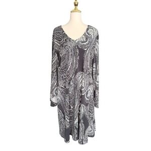 Cato Womens Plus 22/24W Grey White Paisley V-Neck Long Sleeve Shift Dress